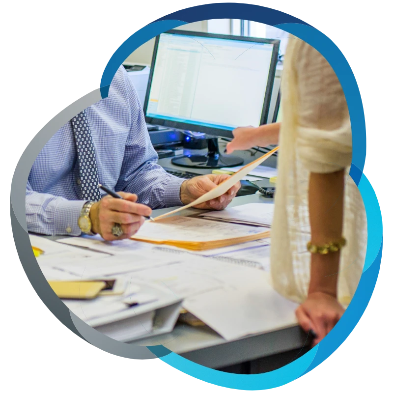 Senior man discussing paperwork with office worker at office desk